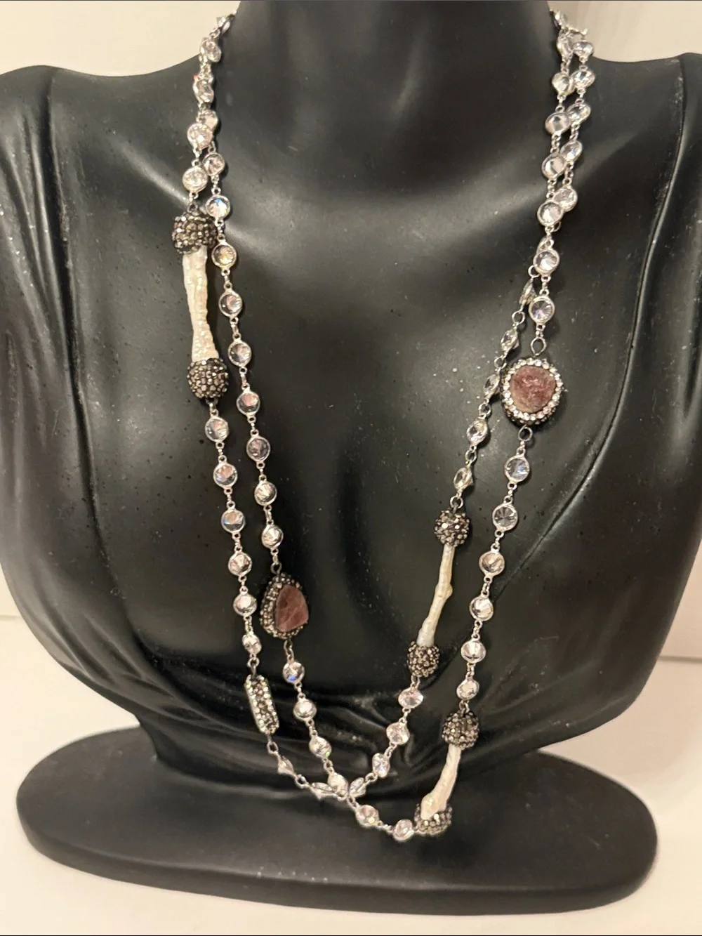 NECKLACE STERLING SILVER CHAIN BEZEL SET CRYSTALS WHITE BAROQUE PEARLS PAVE 37”